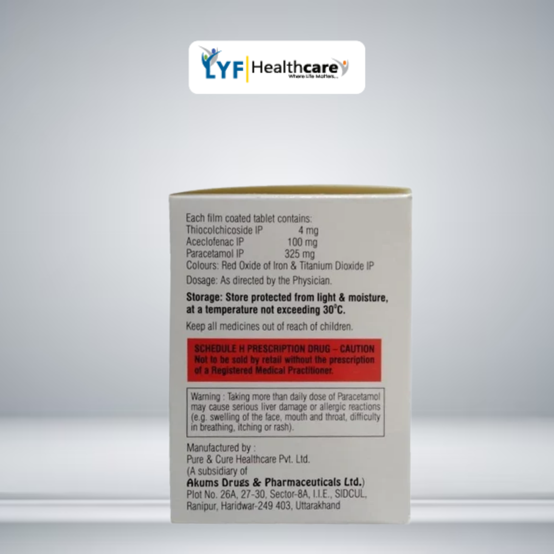 Acelyf TH 4 Aceclofenac 100mg, Thiocolchicoside 4mg & Paracetamol 325mg Tablets - Image 2
